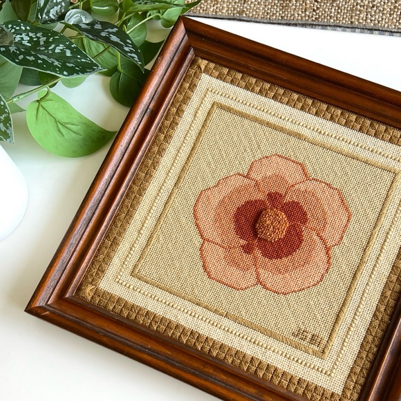 Vintage 80s Floral Cross Stitch Needlepoint Wall Art Decor - Picture 1 of 17